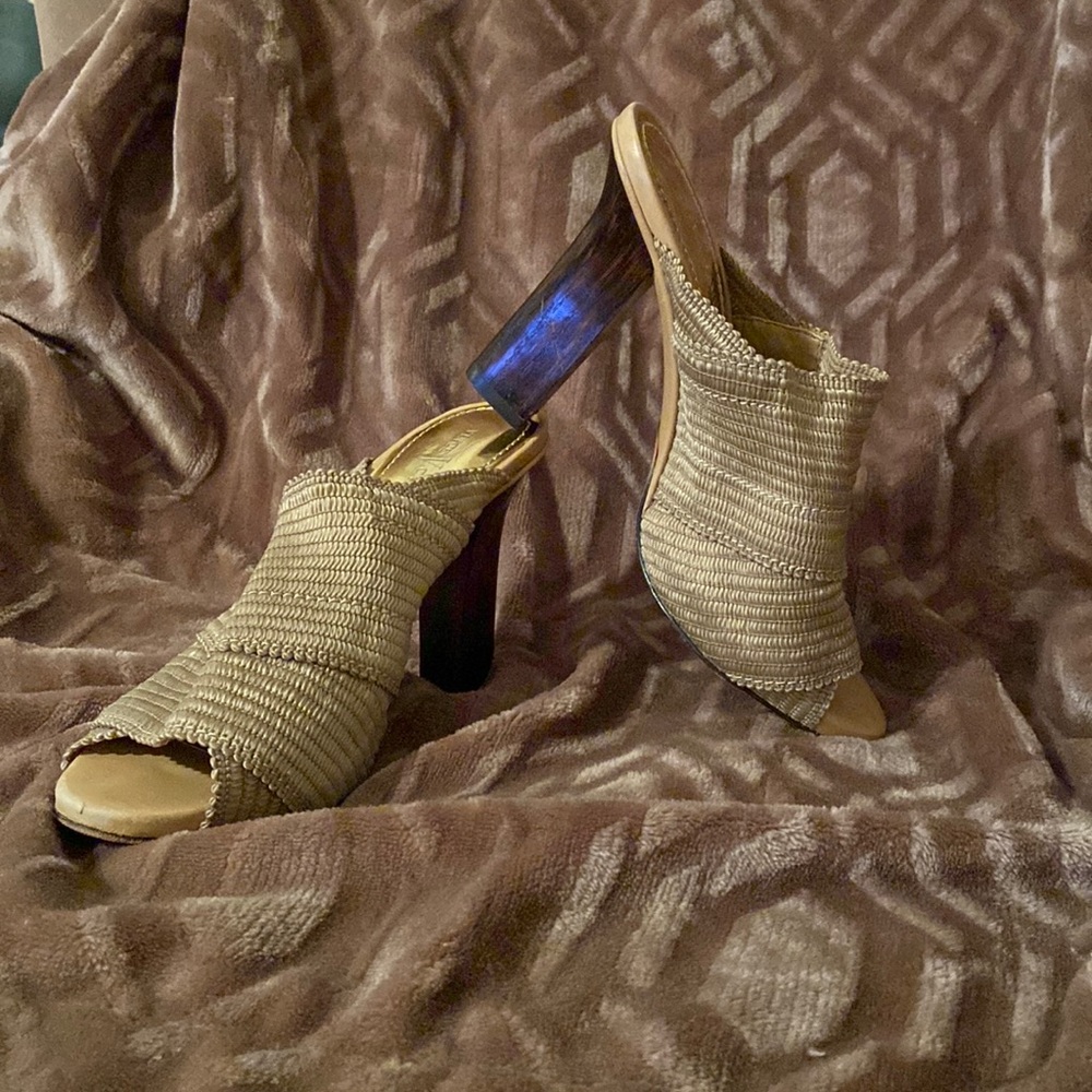 Gold and wood slip on healed mule